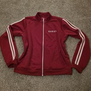 Guess Bright Red Bomber Track Jacket with White Stripe Accents